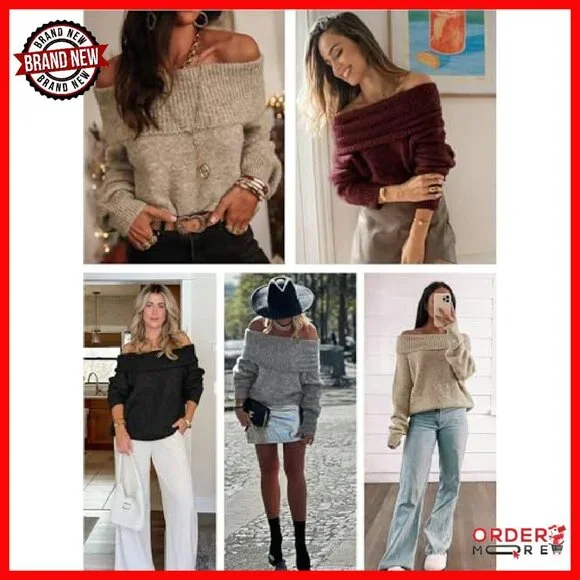 Oversized Off-Shoulder Pullover Sweater Batwing Sleeve Loose Fit - Picture 4 of 8